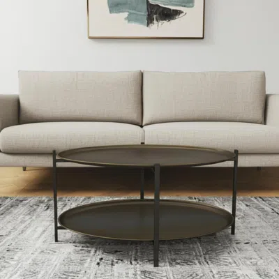 Hivvago 26" Antiqued Bronze And Black Steel Oval Two Tier Coffee Table