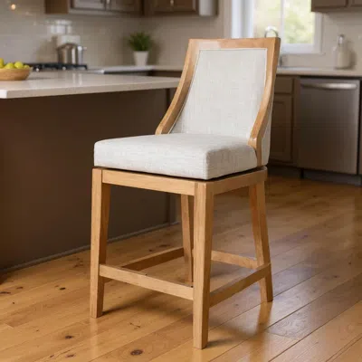 Hivvago 26" Beige And Natural Fabric And Solid Wood Counter Height Swivel Bar Chair In Brown