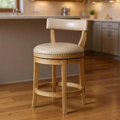 Hivvago 26" Beige And Natural Faux Leather And Solid Wood Low Back Counter Height Swivel Bar Chair In Brown