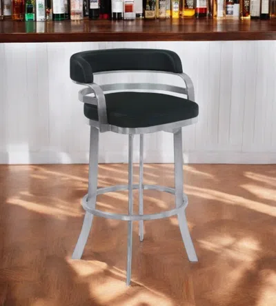 HIVVAGO 26" BLACK AND SILVER FAUX LEATHER AND IRON LOW BACK COUNTER HEIGHT SWIVEL BAR CHAIR