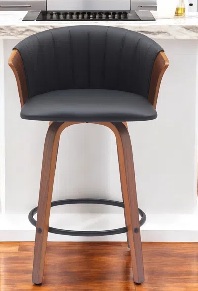 Hivvago 26" Black And Wood Brown Faux Leather With Solid Wood Swivel Counter Height Bar Chair