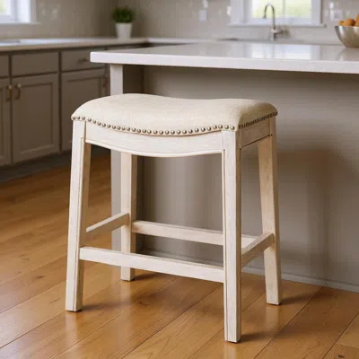 Hivvago 26" Bone And Antiqued White Fabric And Solid Wood Backless Counter Height Bar Chair