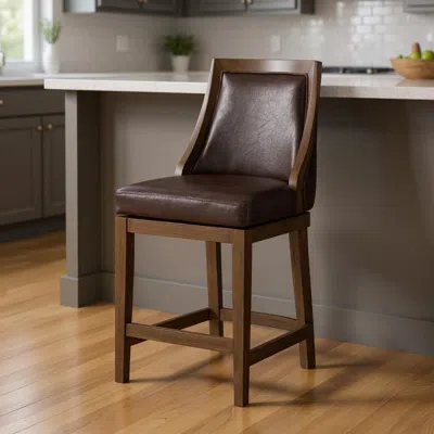 Hivvago 26" Brown Faux Leather And Solid Wood Counter Height Swivel Bar Chair