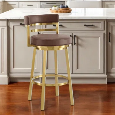 Hivvago 26" Coffee And Gold Faux Leather And Stainless Steel Low Back Counter Height Swivel Bar Chair In Brown