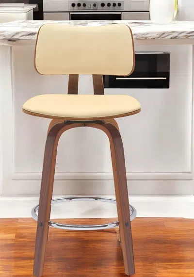 Hivvago 26" Cream And Wood Brown Faux Leather Swivel Low Back Counter Height Bar Chair In Yellow