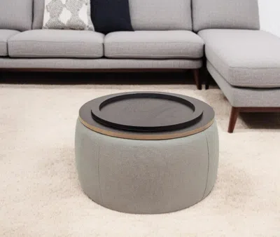 Hivvago 26" Gray And Natural Fabric And Wood Reversible Tray Top Round Storage Ottoman