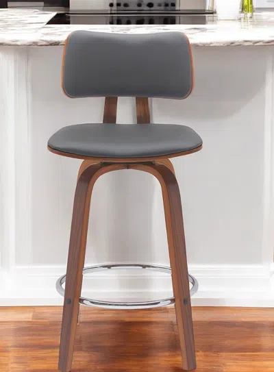 Hivvago 26" Gray And Wood Brown Faux Leather Swivel Low Back Counter Height Bar Chair