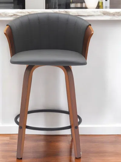 HIVVAGO 26" GRAY AND WOOD BROWN FAUX LEATHER WITH SOLID WOOD SWIVEL COUNTER HEIGHT BAR CHAIR