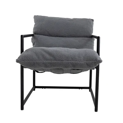 Hivvago 26 Inch Accent Chair With Cushion, Black Iron, Light Gray Faux Leather