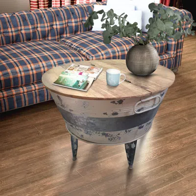 Hivvago 26 Inch Accent Round Cocktail Table, Tub Like Iron Base, Brown, Gray, Washed White