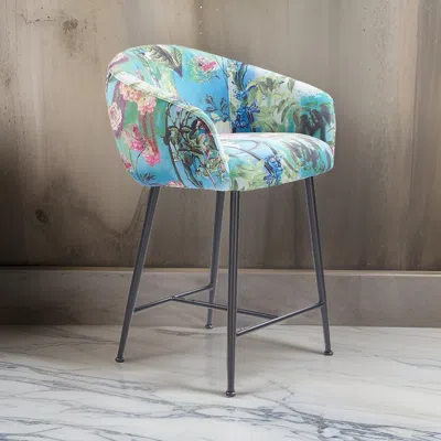 Hivvago 26 Inch Counter Stool Chair, Botanical Floral Print Blue Velvet, Black Legs