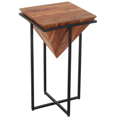Hivvago 26 Inch Pyramid Shape Wooden Side Table With Cross Metal Base, Brown And Black