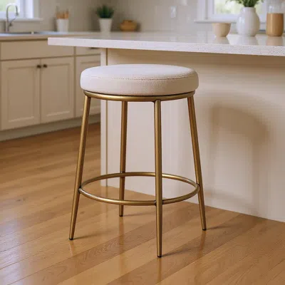 Hivvago 26" Ivory And Antiqued Brass Fabric And Metal Backless Counter Height Bar Chair In Gold