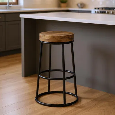 Hivvago 26" Natural And Black Solid Wood And Iron Backless Counter Height Bar Chair In Brown