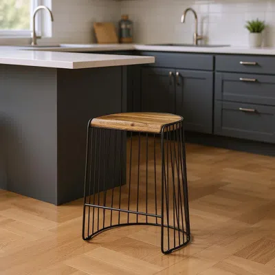 Hivvago 26" Natural And Black Solid Wood And Iron Backless Counter Height Bar Chair
