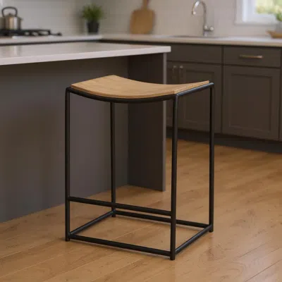 Hivvago 26" Natural And Black Solid Wood And Iron Backless Counter Height Bar Chair