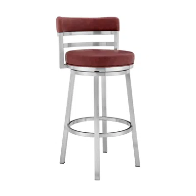 Hivvago 26" Red And Silver Faux Leather And Iron Swivel Low Back Counter Height Bar Chair In Burgundy