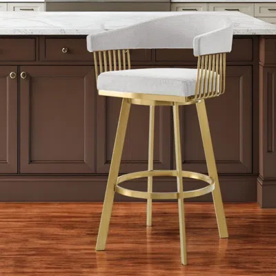 Hivvago 26" Silver And Gold Fabric And Stainless Steel Low Back Counter Height Swivel Bar Chair In White