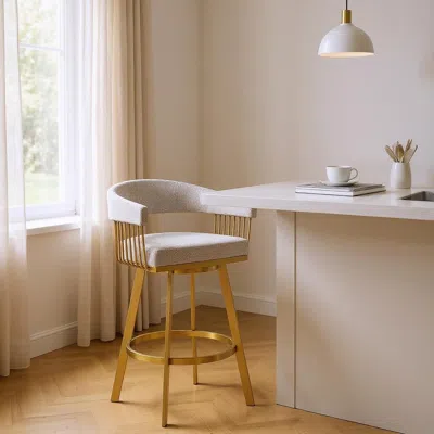 Hivvago 26" Taupe And Gold Fabric And Stainless Steel Low Back Counter Height Swivel Bar Chair