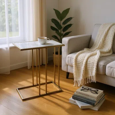 Hivvago 26" White And Antiqued Gold Marble And Iron Frame End Table