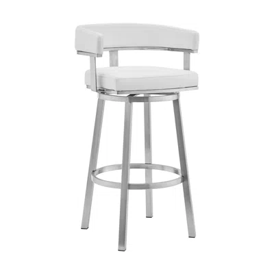 Hivvago 26" White And Silver Faux Leather And Stainless Steel Low Back Counter Height Swivel Bar Chair