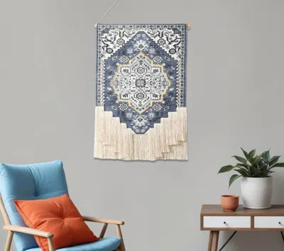 Hivvago 26" X 49" Blue And White Flower Floral Cotton Macrame Hanging Tapestry In Multi