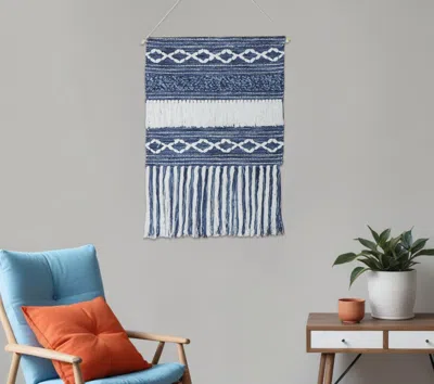 Hivvago 26" X 51" Denim Blue And White Geometric Cotton Macrame Hanging Tapestry