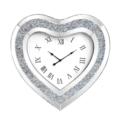 Hivvago 27" Silver Faux Crystal And Mirrored Glass Silent Analog Heart Wall Clock In White