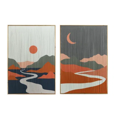 Hivvago 27 X 38 Wall Art Set Of 2, Day And Night Design, Fir Wood, Orange, Gray