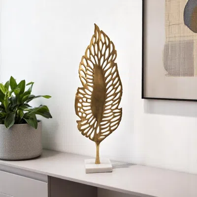 Hivvago 28" Gold And White Aluminum And Marble Leaf Tabletop Sculpture