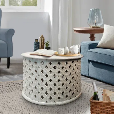 Hivvago 28 Inch Artisanal Round Mango Wood Coffee Table, Intricate Diamond Lattice Cut Out Frame, Washed Whi In Neutral