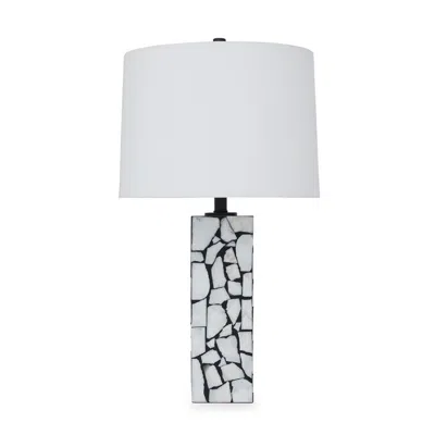 Hivvago 28 Inch Table Lamp, Drum Shade, Black And White Mosaic Marble Art Resin