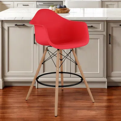 Hivvago 28" Red And Brown Heavy Duty Plastic And Solid Wood Low Back Counter Height Bar Chair