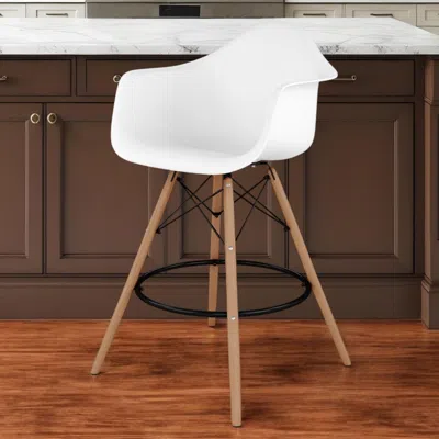 Hivvago 28" White And Brown Heavy Duty Plastic And Solid Wood Low Back Counter Height Bar Chair