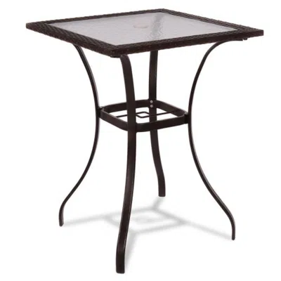 Hivvago 28.5 Inch Outdoor Patio Square Glass Top Table With Rattan Edging In Black