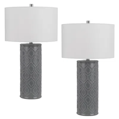 Hivvago 29 Inch Accent Table Lamp Set Of 2, Tall Cylinder, Ball Finial Accent, Gray