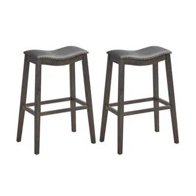 Hivvago 29 Inch Set Of 2 Backless Wood Nailhead Barstools With Pvc Leather Seat-gray In Brown