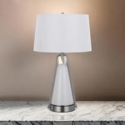 Hivvago 29 Inch Table Lamp, Led Lit, White Drum Hardback, Silver Metal And Glass