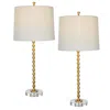 Hivvago 29 Inch Table Lamp, Set Of 2, White Tapered Shade, Gold Leaf, Round Base In Gold