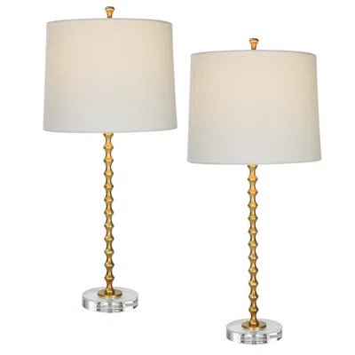 Hivvago 29 Inch Table Lamp, Set Of 2, White Tapered Shade, Gold Leaf, Round Base