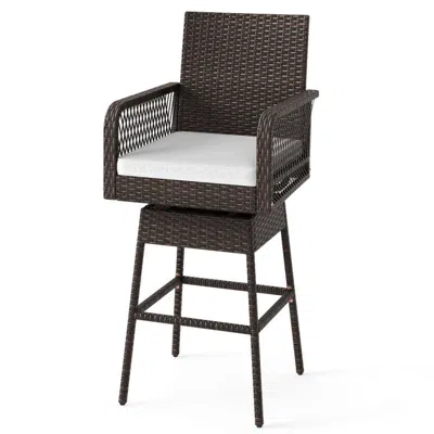 Hivvago 29 Inches Patio 360° Swivel Bar Stool With Cross-woven Armrests And Seat Cushion In Brown
