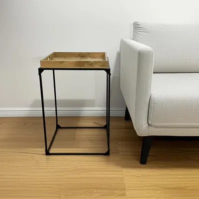 Hivvago 29" Natural And Black Solid Wood And Iron Square Frame End Table In Brown