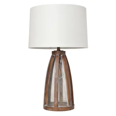 Hivvago 29" Natural Manufactured Wood And Metal Round Table Lamp With White Drum Shade
