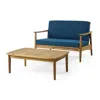 Hivvago 2pc Outdoor Loveseat And Table Set, Teal Cushions, Brown Wood Frame
