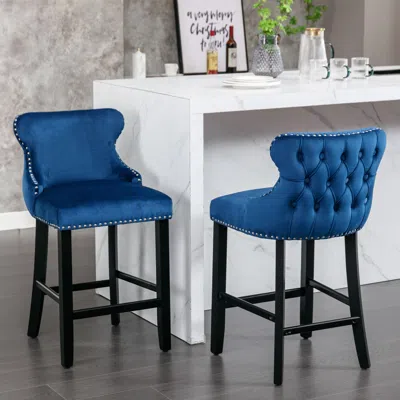 Hivvago 2pcs Chrome Accent Wingback Bar Stools Tufted Velvet With Nailhead And Legs - Blue