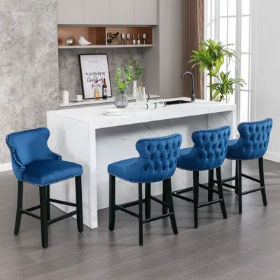 Hivvago 2pcs Chrome Accent Wingback Bar Stools Tufted Velvet With Nailhead And Legs - Blue