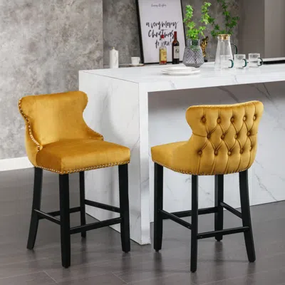 Hivvago 2pcs Chrome Accent Wingback Bar Stools Tufted Velvet With Nailhead And Legs - Gold In Blue