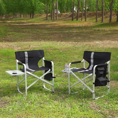 Hivvago 2pcs Padded Folding Outdoor Chair With Pockets Oversized Directors Chair - Black+ Gray