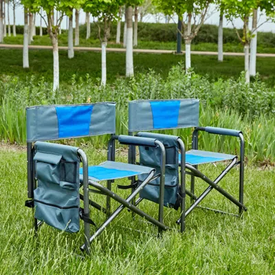 Hivvago 2pcs Padded Folding Outdoor Chair With Pockets Oversized Directors Chair - Blue+grey In Multi