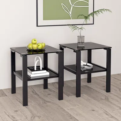 Hivvago 2pcs Two Layered Tempered Glass Small Bedroom Corner Home Tea Table - Black